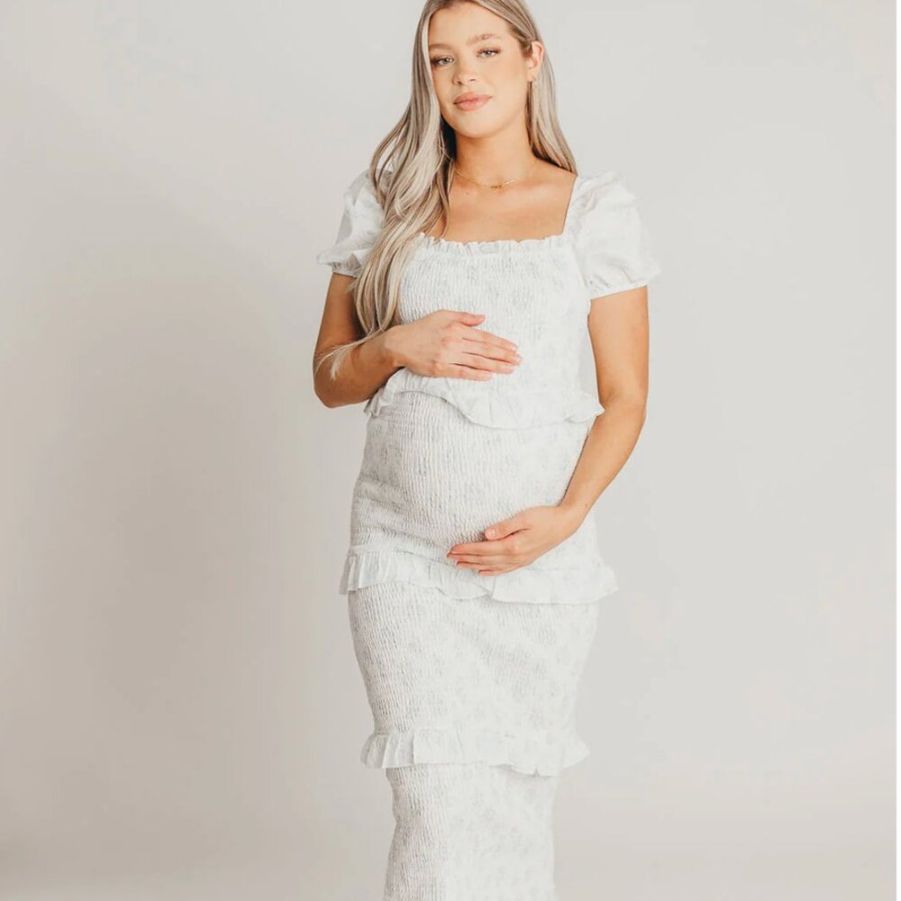 Ada Smocked Dress in Blue Floral- Bump Friendly